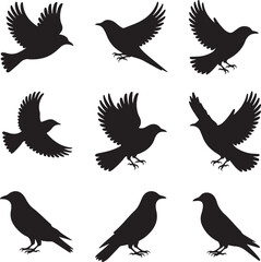 Bird Silhouettes Vector Icons Flying Perched Wings Spread
