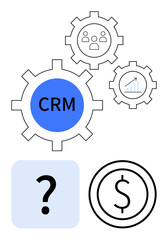 Three interlinked gears highlight CRM, user profiles, and growth analytics, paired with a question mark and dollar sign icons. Ideal for business strategy, data management, customer support