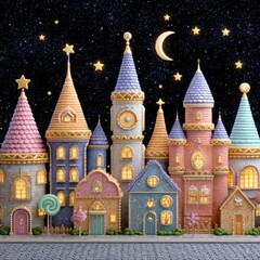 Fototapeta premium Pastel Candy Town at Night Under Crescent Moon and Stars