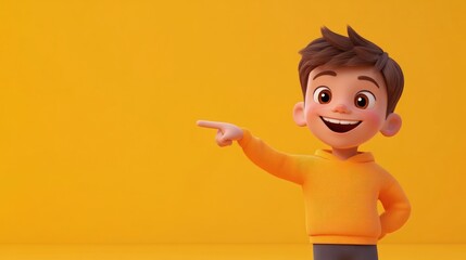 Animated boy pointing, cheerful expression, vibrant color background