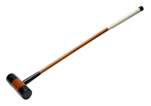 A dark poised croquet mallet stands ready for a lawn game