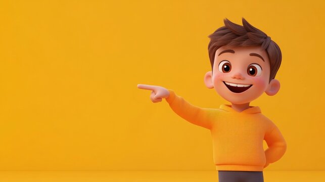 Animated boy pointing, cheerful expression, vibrant color background