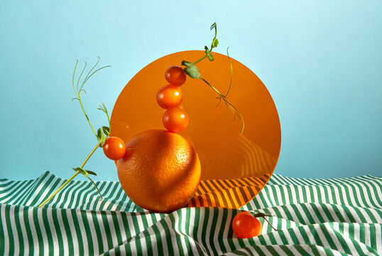 Natural still life with orange, cherry tomatoes and green pea sprouts