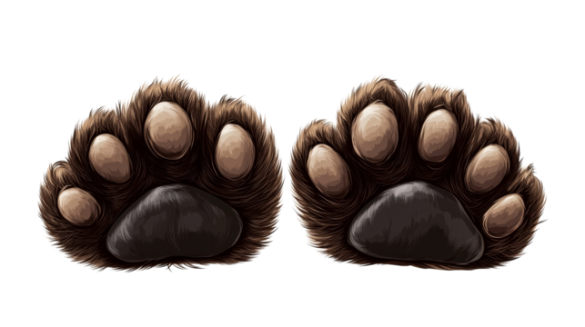 Isolated furry animal paw pads, pads of a wild beast, cut out transparent