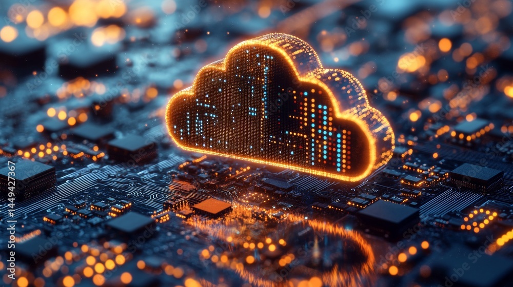 Poster cloud symbol with a circuit board background. digital connectivity and technology. database storage 