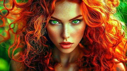 Young Woman with Curly Red Hair and Pale Skin Posing Elegantly in Nature