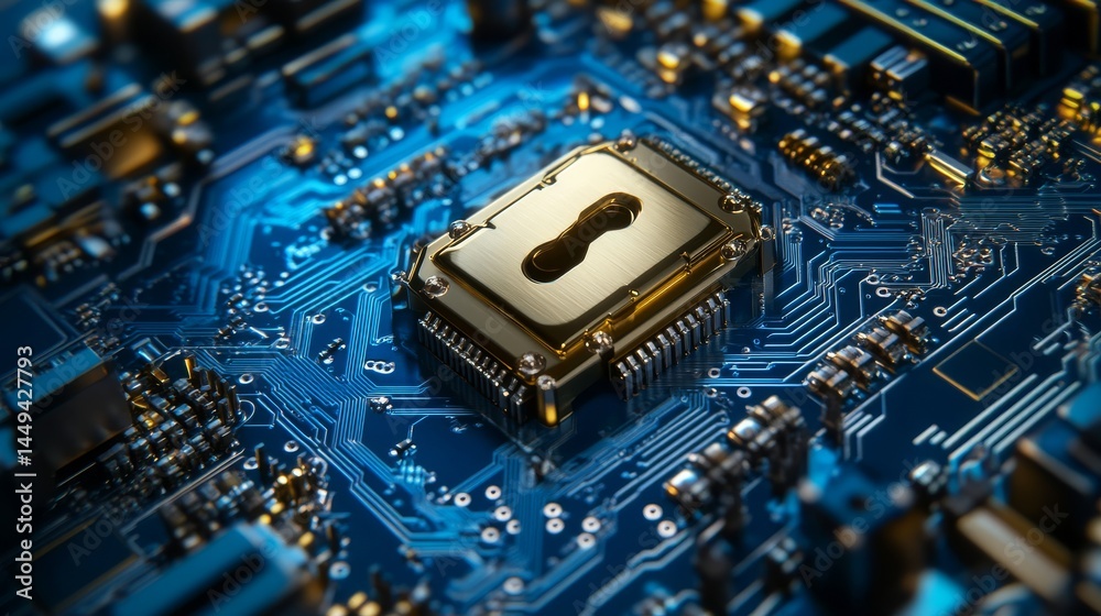 Poster lock on the circuit board. cyber security protection technology. digital data security padlock. web 