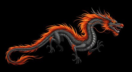 Fototapeta premium Flying Mythical Creature with Fiery Mane Against Black Background