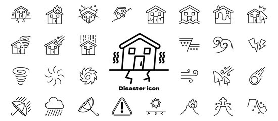 災害のシンプルアイコンベクターイラストセット 台風 地震 大雨 津波 噴火 強風 