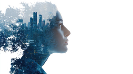 Portrait of a woman, cityscape superimposed on her head