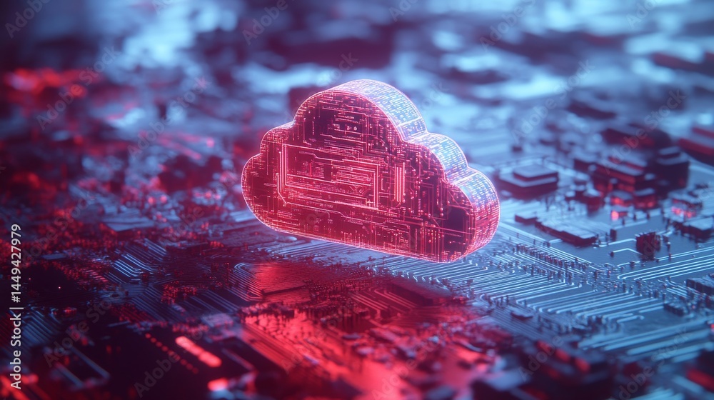 Poster cloud symbol with a circuit board background. digital connectivity and technology. database storage 