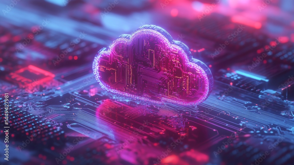 Poster cloud symbol with a circuit board background. digital connectivity and technology. database storage 