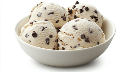 Close up chocolate chip ice cream with bowl isolated on white background
