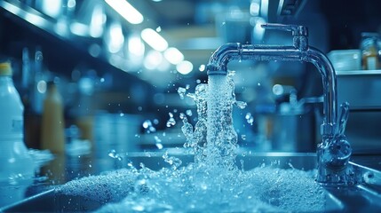 Water pours from a faucet, creating a splash in a sink