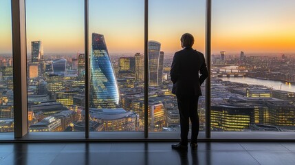 Fototapeta premium London Skyline Sunset: A Businessman's Contemplative View