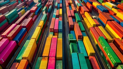Stacked shipping containers in orderly rows at a bustling port, showcasing global logistics efficiency