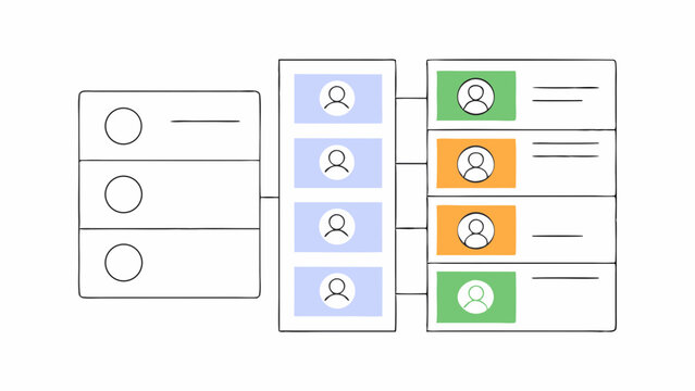  Minimal vector showing categorized user profiles and contact lists in a modern CRM UI.