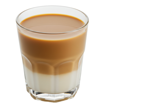 A layered coffee latte in a glass stands against a stark black background
