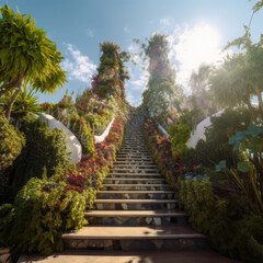 Lush stairway leading upward, adorned with vibrant plants and flowers.  Sunlight streams down