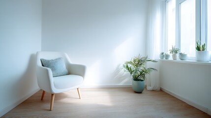 Minimalist living room corner with modern armchair and natural light. Simplicity and calm in contemporary design