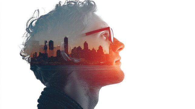 Double exposure portrait of a man with a city skyline superimposed on his head