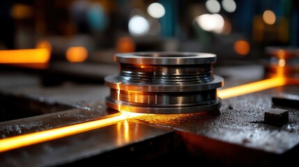 Dramatic industrial metalworking with glowing hot steel in factory