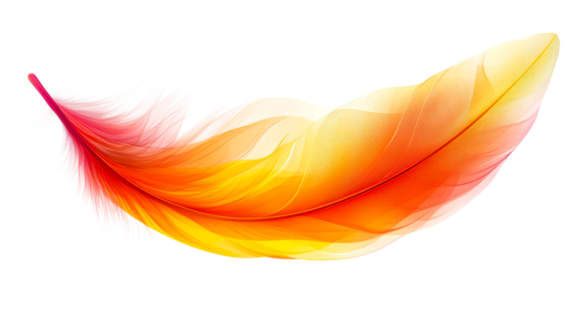 Elegant gradient colored feather, red yellow orange, cut out transparent