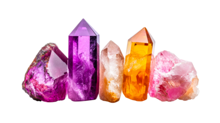 Quartz crystal minerals arrangement, colorful gemstone collection, cut out transparent