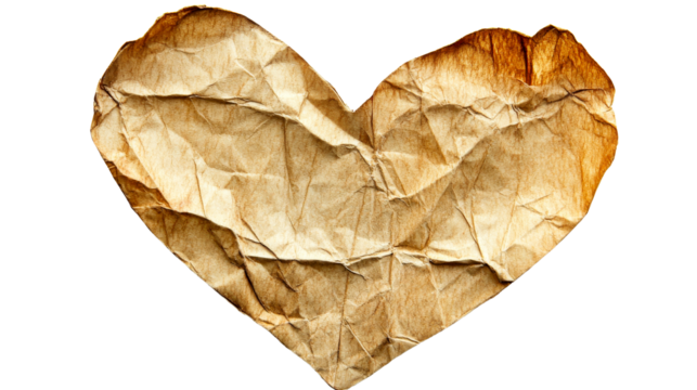 Antique crumpled paper, heart shape with burned edges, cut out transparent