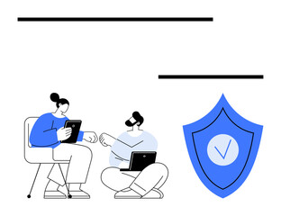 Two people using digital devices to collaborate, shield with checkmark for security. Ideal for technology, cybersecurity, digital trust, teamwork, remote work, online safety, simple landing page