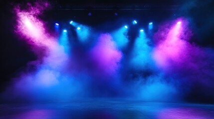 Stage lighting, vibrant colors, smoky atmosphere
