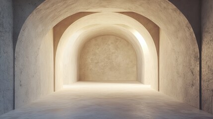 Fototapeta premium A sunlit, empty concrete hall with arched ceilings and smooth textured walls creates a serene architectural scene.