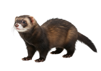 A playful ferret stands alert against a stark black backdrop