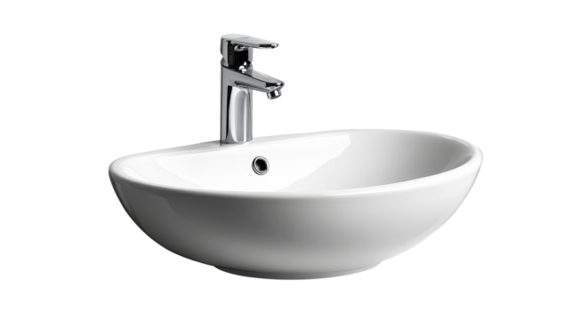 Modern white ceramic bathroom sink with chrome faucet, cut out transparent