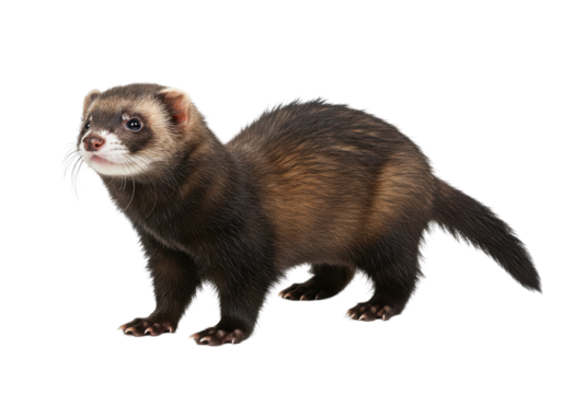 A playful ferret stands alert against a stark black backdrop