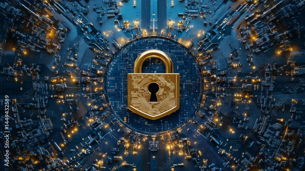 Poster lock on the circuit board. cyber security protection technology. digital data security padlock. web 