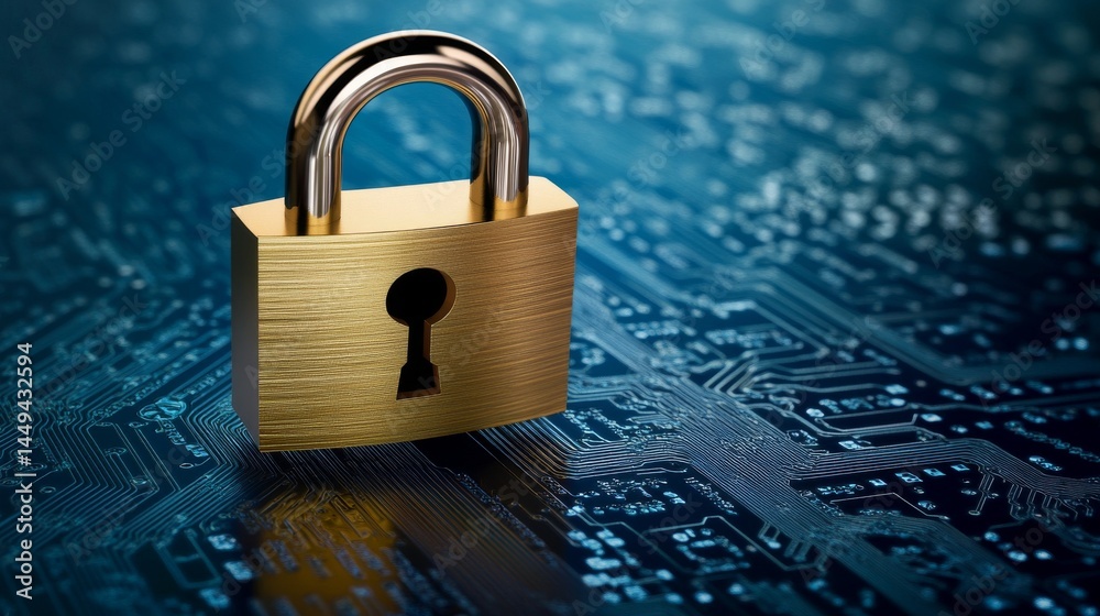 Poster lock on the circuit board. cyber security protection technology. digital data security padlock. web 