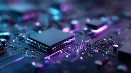 Close-up of a Computer Chip with Purple Lights