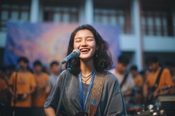 Fototapeta premium Happy Young Woman Singing on Stage with Band, Live Music Performance, Evening Light