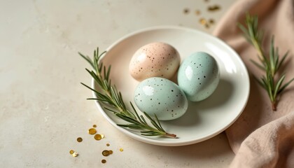 Elegant Easter composition with pastel speckled eggs on white plate. Fresh rosemary sprigs create minimalist festive spring holiday decor. Soft neutral tones with golden confetti create modern