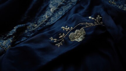 Dark Blue Fabric with Embroidered Flowers