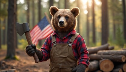 Labor Day concept illustration featuring lumberjack bear holding axe. American flag waving in background. Grizzly bear stands in forest. Perfect for work appreciation, national holiday themed