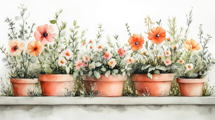 Row of terracotta pots filled with vibrant flowers and greenery