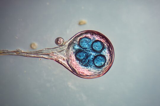Saprolegnia Microscopic View: Water Mold Oogonium with Oospores on Gray Background