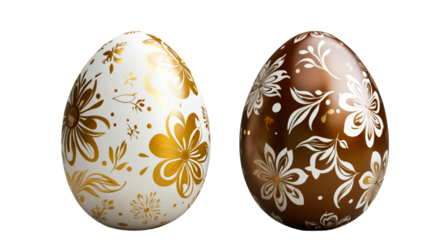 Two decorative floral easter eggs, white, brown, gold, cut out transparent - Powered by Adobe