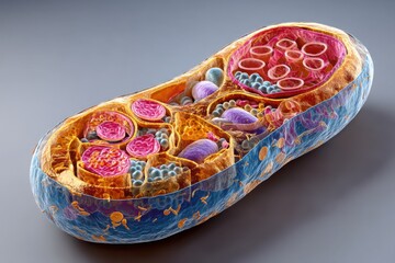 Detailed 3D Render of a Eukaryotic Cell Structure: Cross-Section Anatomy Diagram, Organelles, Light Grey Background