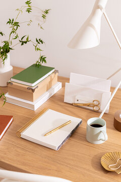 Organized Workspace Desk Scene with Neutral Tones