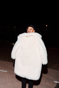 UGC flash picture of funny man with big white coat