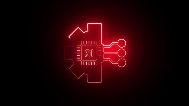 Red Neon Chip Animation on Black Background. Glowing Red Neon Chip Icon, Motion Graphic Pro Video. Red Neon Chip Icon Animation, Professional Motion Graphic.