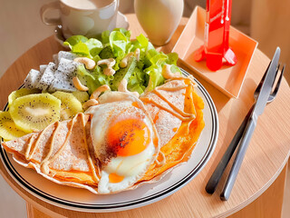 Banana and eggs tortilla wrap with mixed fruits for breakfast. Delicious food. Bruch menu. Healthy recipes. Easy home cooking. Diet food dish. High Protein. eggs recipe. Easy breakfast. Tropical fruit